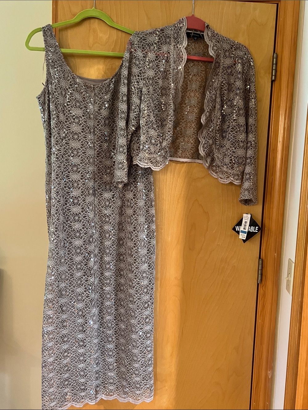 R&M Richards Silver Sequin Lace Maxi Skirt with Cropped Jacket